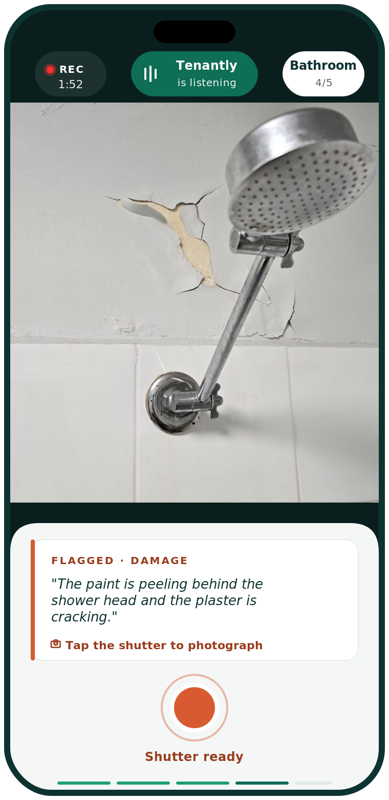 Tenantly app capturing peeling paint above a shower head during a bathroom walkthrough. The flag reads: 'The paint is peeling behind the shower head and the plaster is cracking' — flagged as damage.