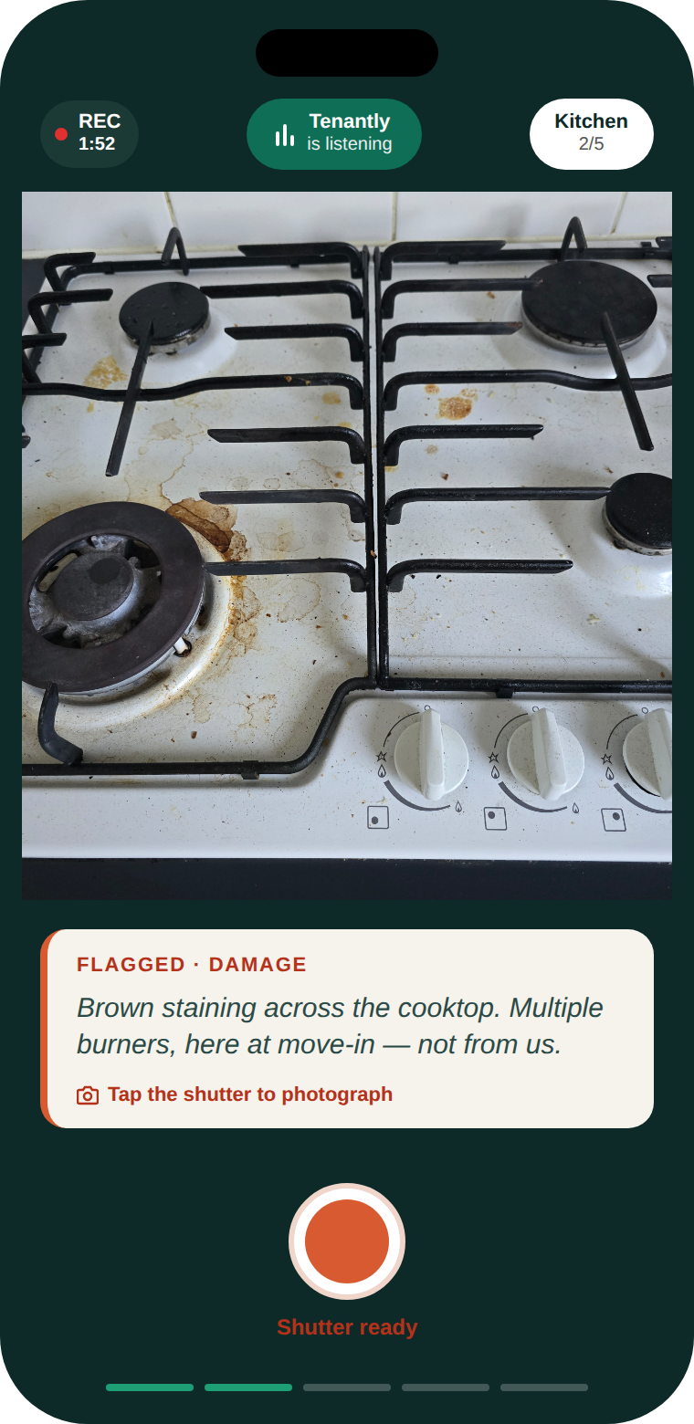 Phase 1 Walkthrough — Tenantly narrating a stained cooktop at move-in: 'Brown staining across the cooktop, multiple burners, here at move-in, not from us.' Flagged as damage.
