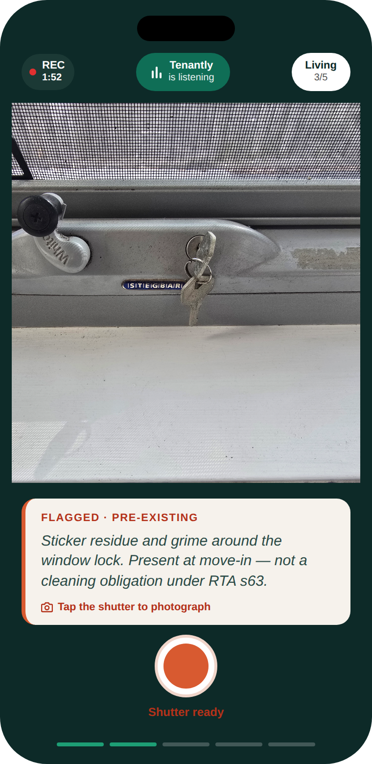 Phase 3 VCAT Bundle — Tenantly presenting sticker residue and dirt around the window lock documented at move-in. Renter's cleanliness duty under RTA 1997 s63 is 'reasonably clean taking into account the condition at move-in' (CAV Guideline 3).